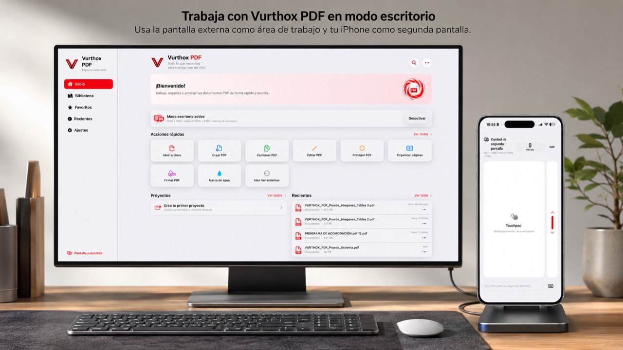 Vurthox PDF en modo escritorio con pantalla externa y iPhone